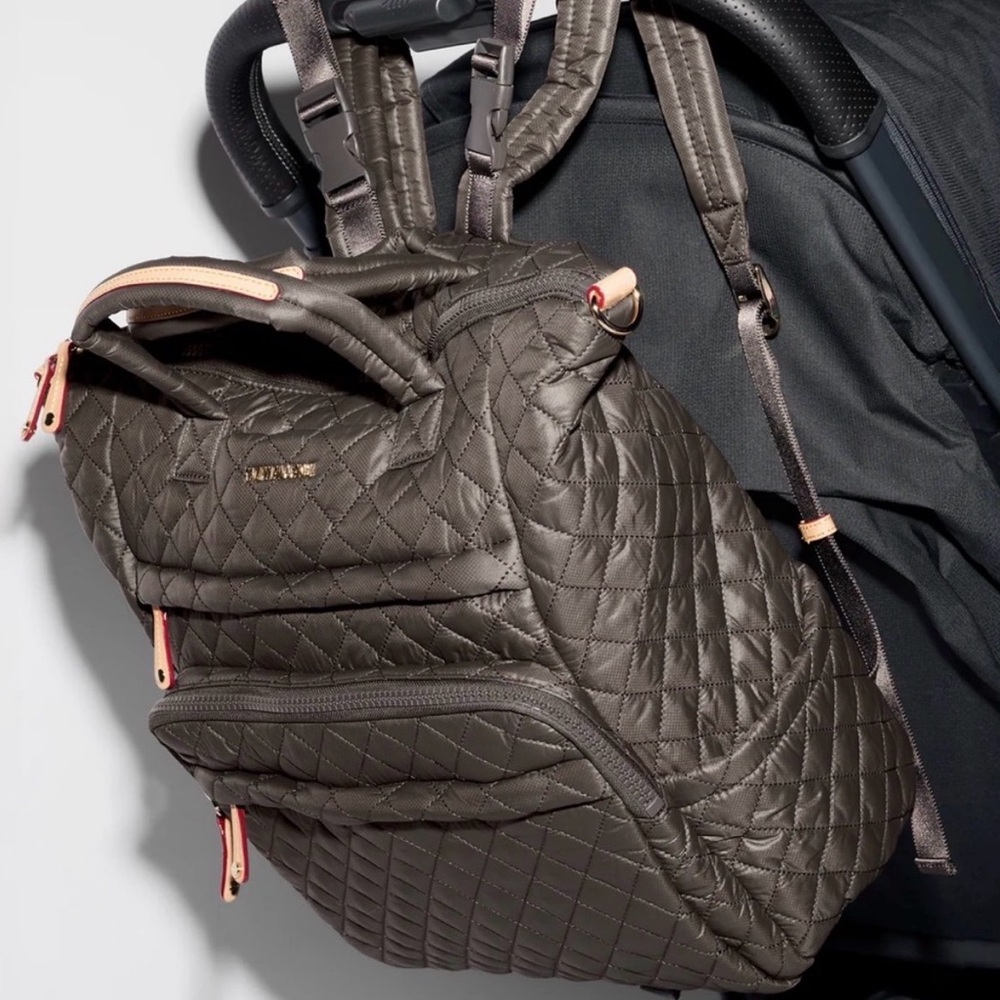 MZ Wallace Quilted Taupe Backpack with Brown Strap and Colorful Pouch - Picture 3 of 14